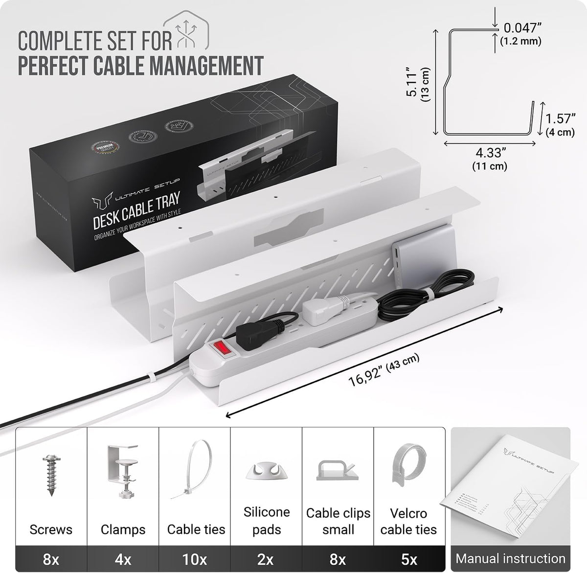 Under Desk Cable Management Tray no Drill – Wire Management - Cord Organizer ...