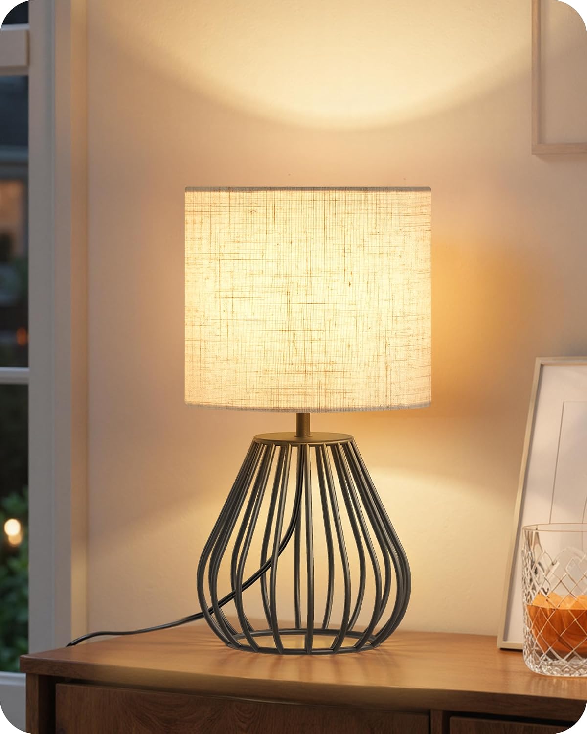 Small Bedside Table Lamp, Black Table Lamp with Metal Cage & Linen Lampsh...