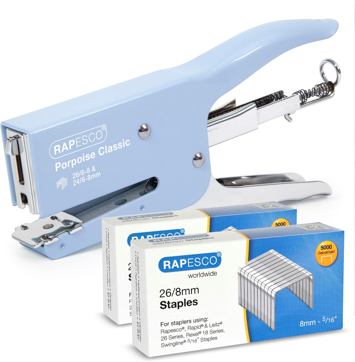 Rapesco 1355A Porpoise Classic Stapling Plier, 45 Sheet Capacity, Blue | Includes 10,000 Standard 5/16" Staples, All-Metal Construction, Rotating Anvil for Pinning, Rear-Loading, for Office