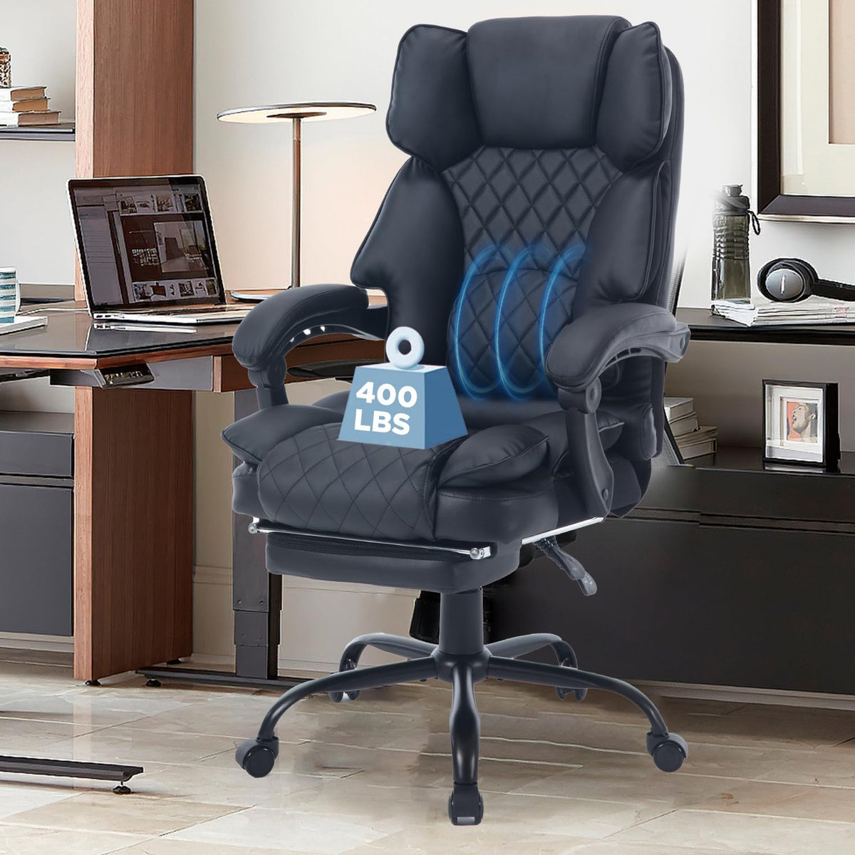 Big Reclining Ergonomic Office Chair with Footrest Black