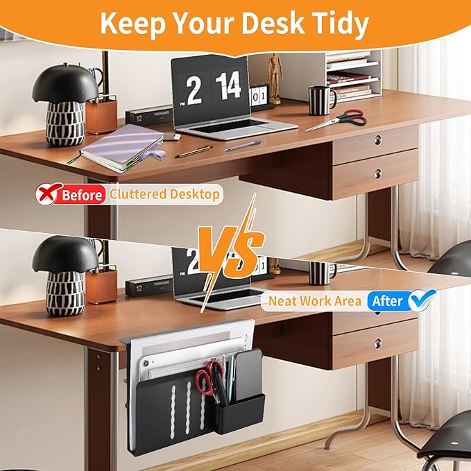 Henitol Desk Side Storage with Pen Holder, No Drill Hanging Desk Organizer - Image 4