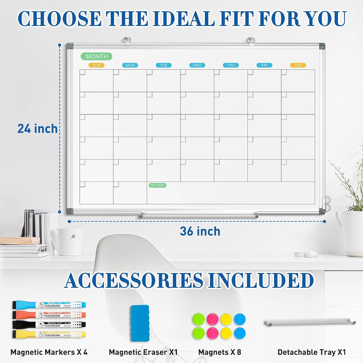 WALGLASS Dry Erase Calendar Whiteboard for Wall, 36" x 24" Silver F...