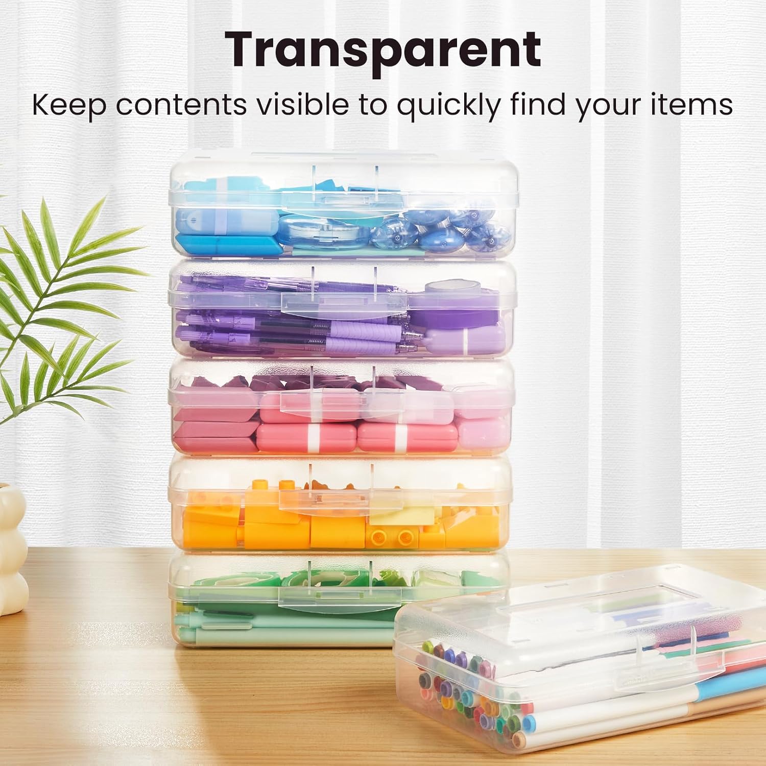 Sooez Plastic Pencil Case Box 6 Pack, Large Craft Storage Boxes Bulk | Plastic Containers with Snap-tight Lids, Art School Supply 0rganizer, Marker Bead Pen Bins Organizer, Stackable, Multicolor