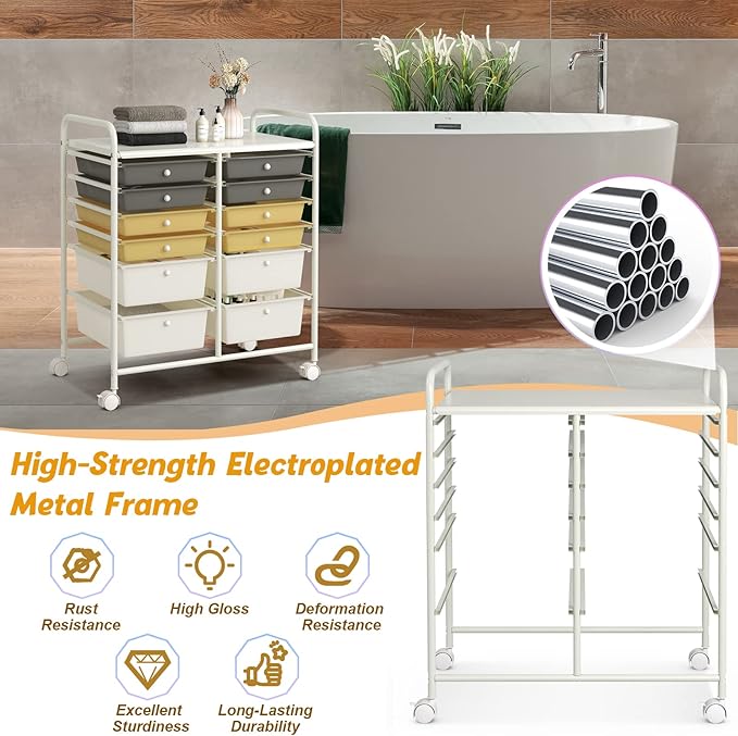 LDAILY 12 Drawer Rolling Storage Cart, Craft Cart Organizer on Wheels w/Metal - Image 5