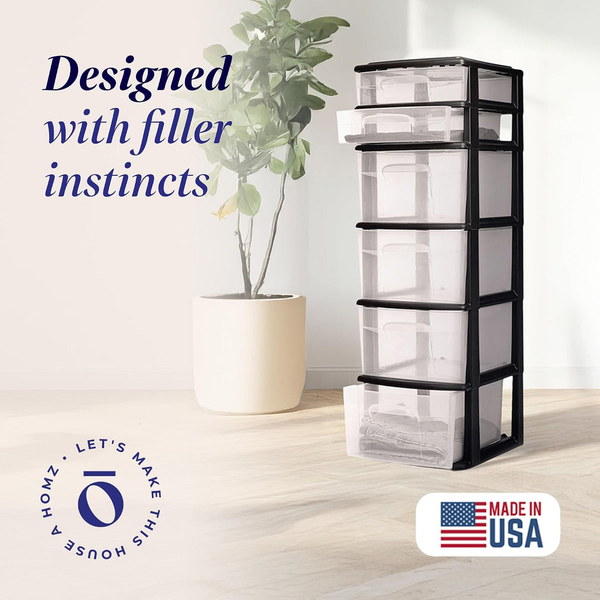 HOMZ Drawer Tower, 6-Tier Storage for Home Organization, Black Frame