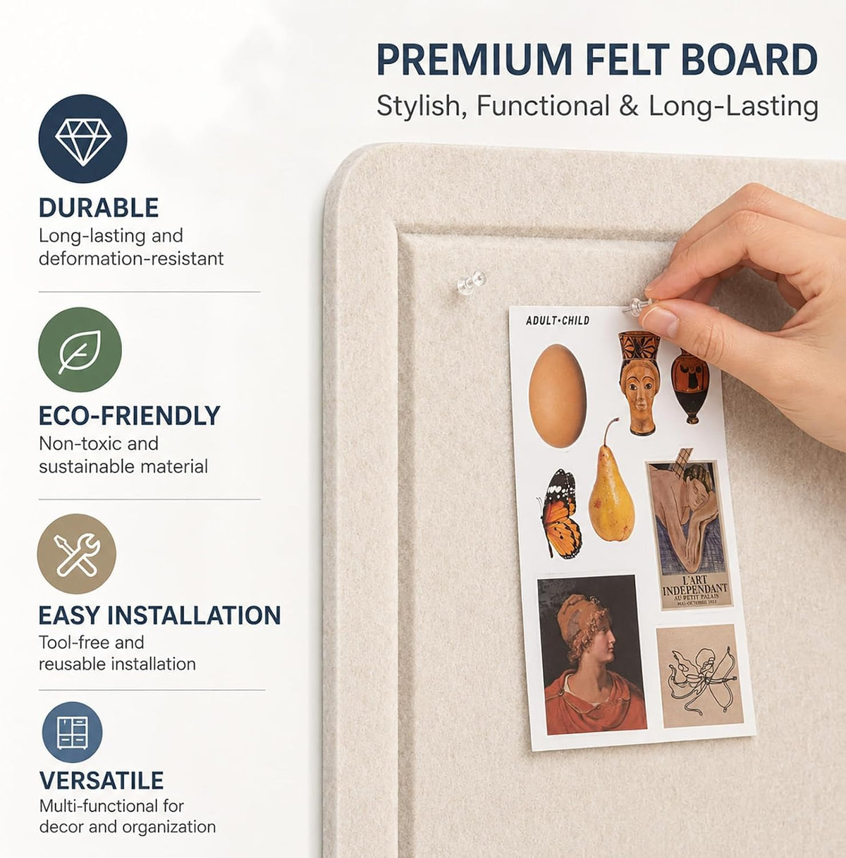 Felt Bulletin Board for Wall, 36" x 24" Frameless Pin Board, Beige