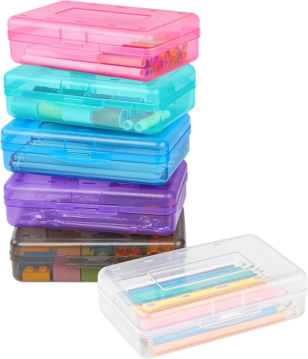 Sooez Plastic Pencil Case Box 6 Pack, Large Craft Storage Boxes Bulk | Plastic Containers with Snap-tight Lids, Art School Supply 0rganizer, Marker Bead Pen Bins Organizer, Stackable, Multicolor