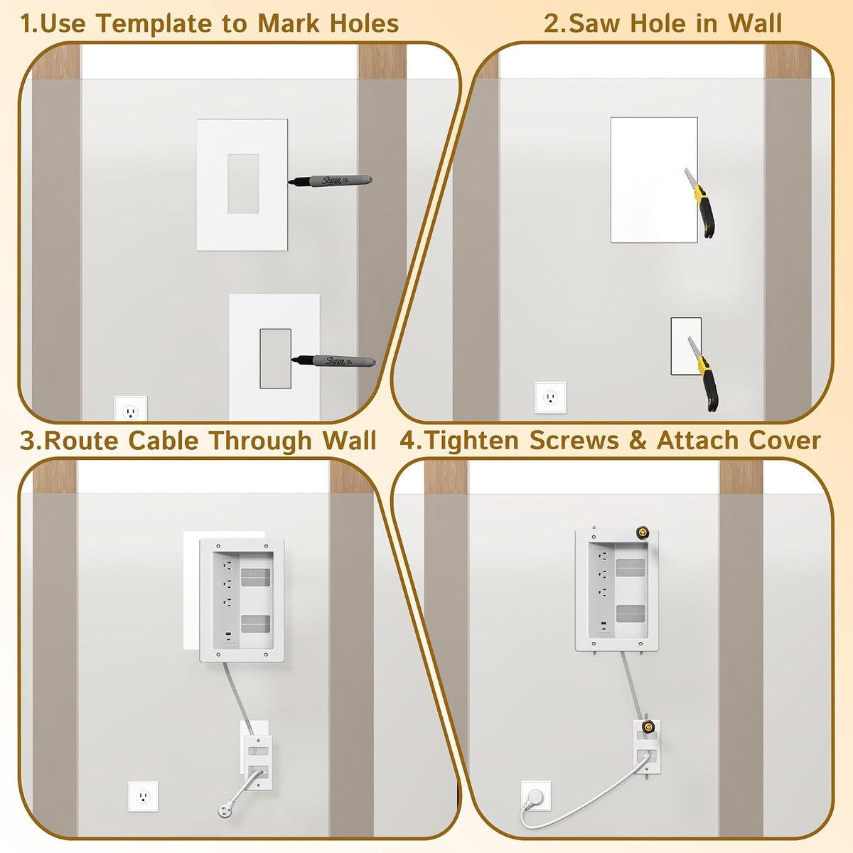 Plug'n in Wall Cable Management Kit,Recessed TV Wall Box with 3 AC Outlet...