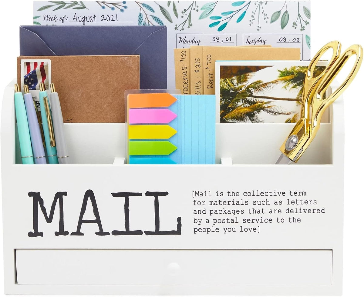 Juvale Wooden 3-Tier Countertop Mail Organizer - Desktop Organizer with Drawe...