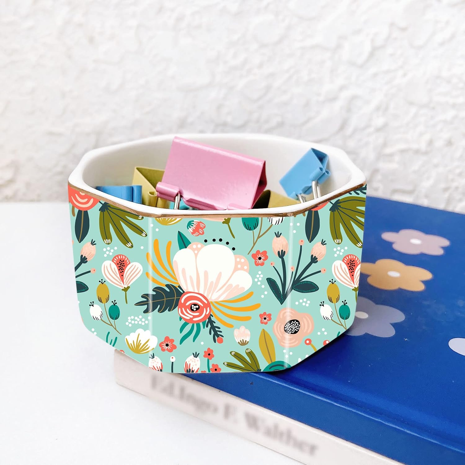 Ceramic Paper Clip Holder Gold Line Paper Clip Dispenser Organizer for Desk Cute Floral Pattern Office Binder Clip Holder Bobby Pin and Hair Clip Holder Gift for Office Mint Flowers