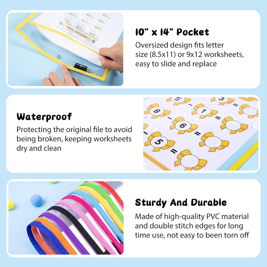 HTVRONT Oversized Dry Erase Pockets 10" x14", 30 Pack, for Classrooms | Back to School Supplies, Reusable Clear Sleeves with Rings, Plastic Sheet Protectors for Shops, Ticket Holders, Home & Office