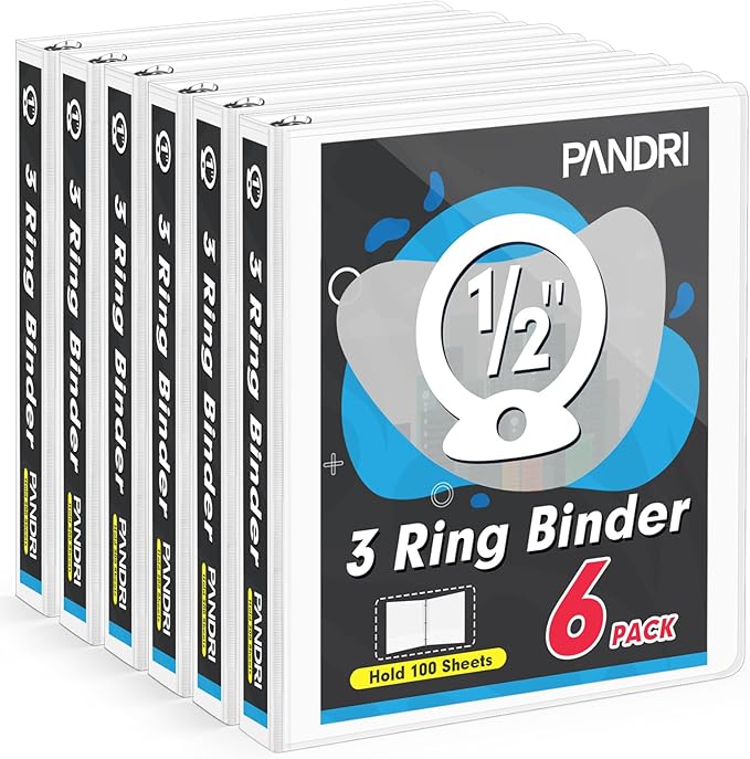 3 Ring Binder 0.5 Inch, PANDRI 6 Pack Binder Fits Letter Size 8.5'' x 11'' Paper by PANDRI