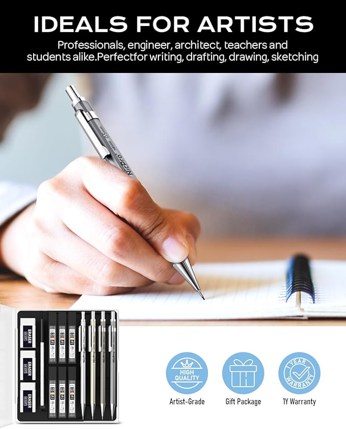 Nicpro 4 Pack Metal Mechanical Pencil Set 0.9mm, MB1000 Lead Drafting Pencil - Image 6