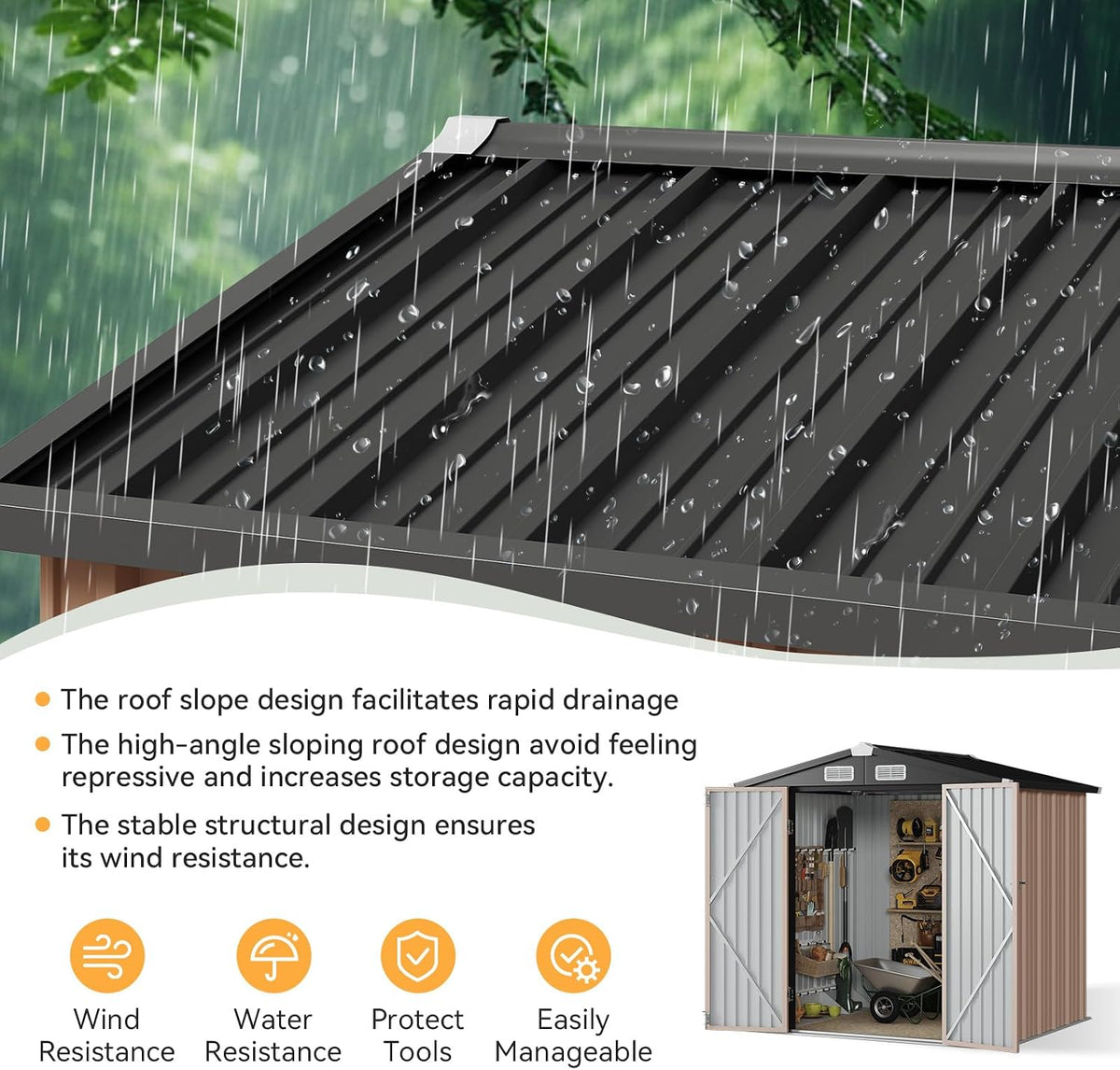 aoxun 6x4 ft outdoor storage shed, brown showing dimensions