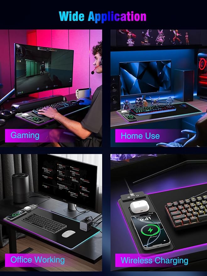 Mouse Pad with Magnetic Wireless Charging, Large Desk Pad Protector, RGB Black - Image 7