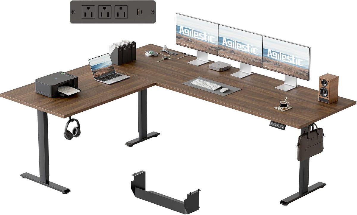 Agilestic 75 x 61 Inch L Shaped Standing Desk with Powerstrip, Dark Walnut