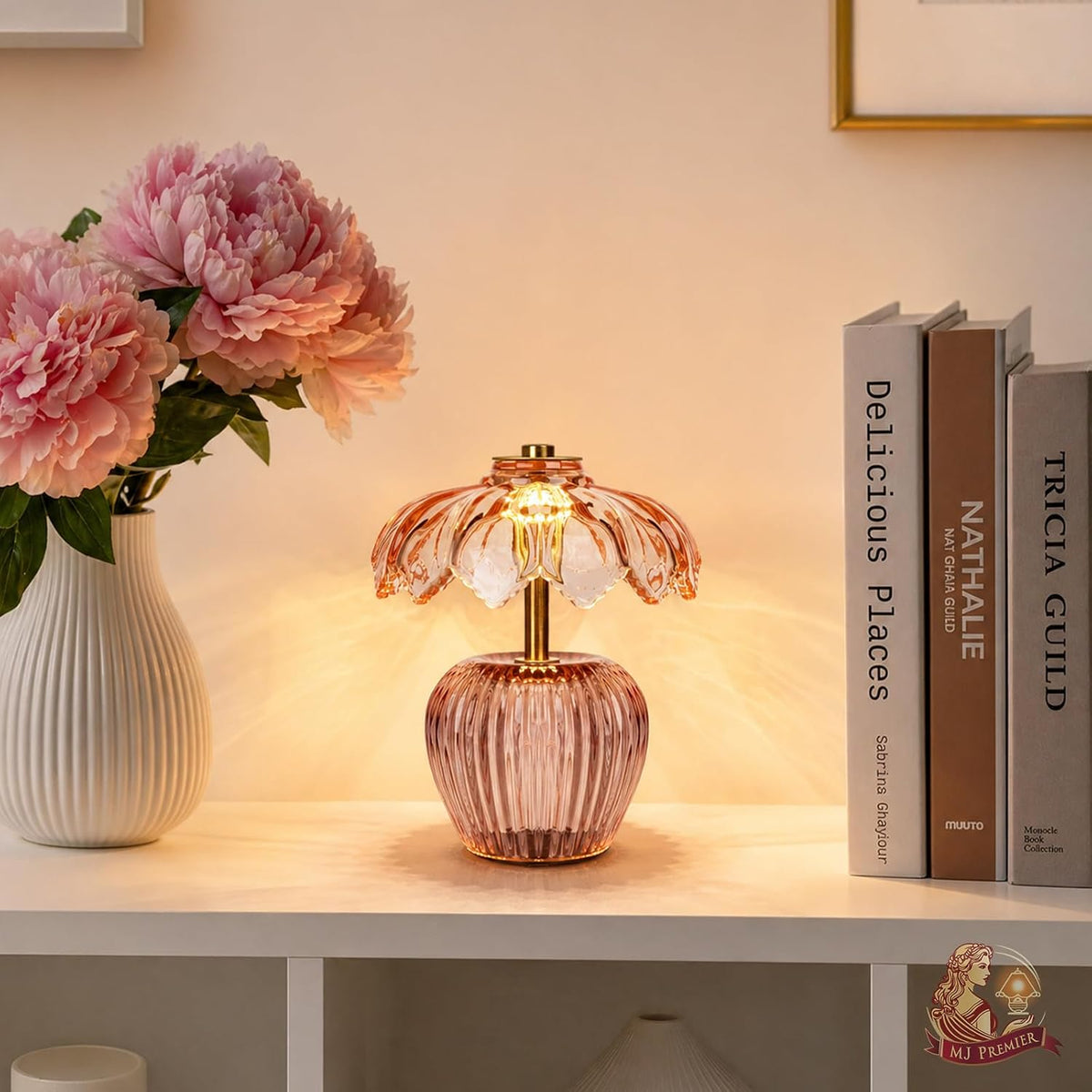 MJ PREMIER Rechargeable Table Lamp, Small Cordless Lamp with Timer, Pink