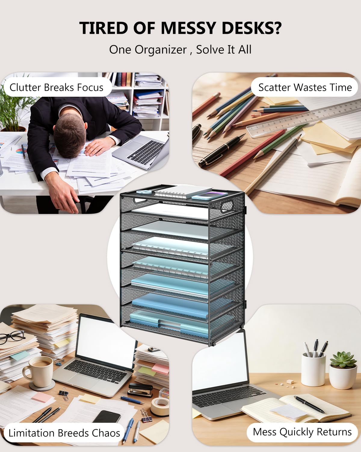 WALI Desk File Organizer, 8 Tier Desktop Paper Letter Tray Organizer with Han...
