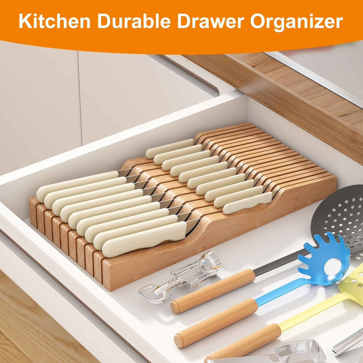 In-Drawer Knife Block Organizer - Bamboo Wood Drawer Knife Organizer-Protecti...
