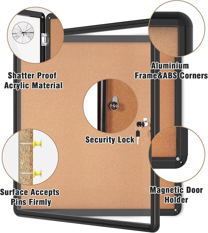 Mifuro 28"x26" Enclosed Bulletin Board, Lockable Weather-Resistant Aluminum - Image 3