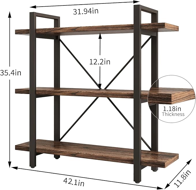 3 Tier Bookshelf Modern Rustic Open Bookshelf Office Solid Wood Bookcase and - Image 2