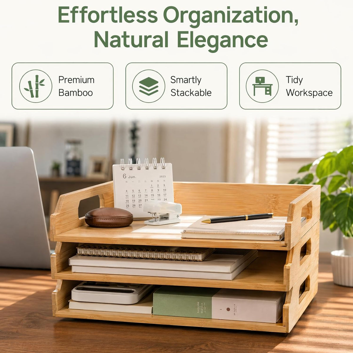 Okllen 3 Pack Stackable Paper Trays, Bamboo Desk Letter Tray Set, 3 Tier File...