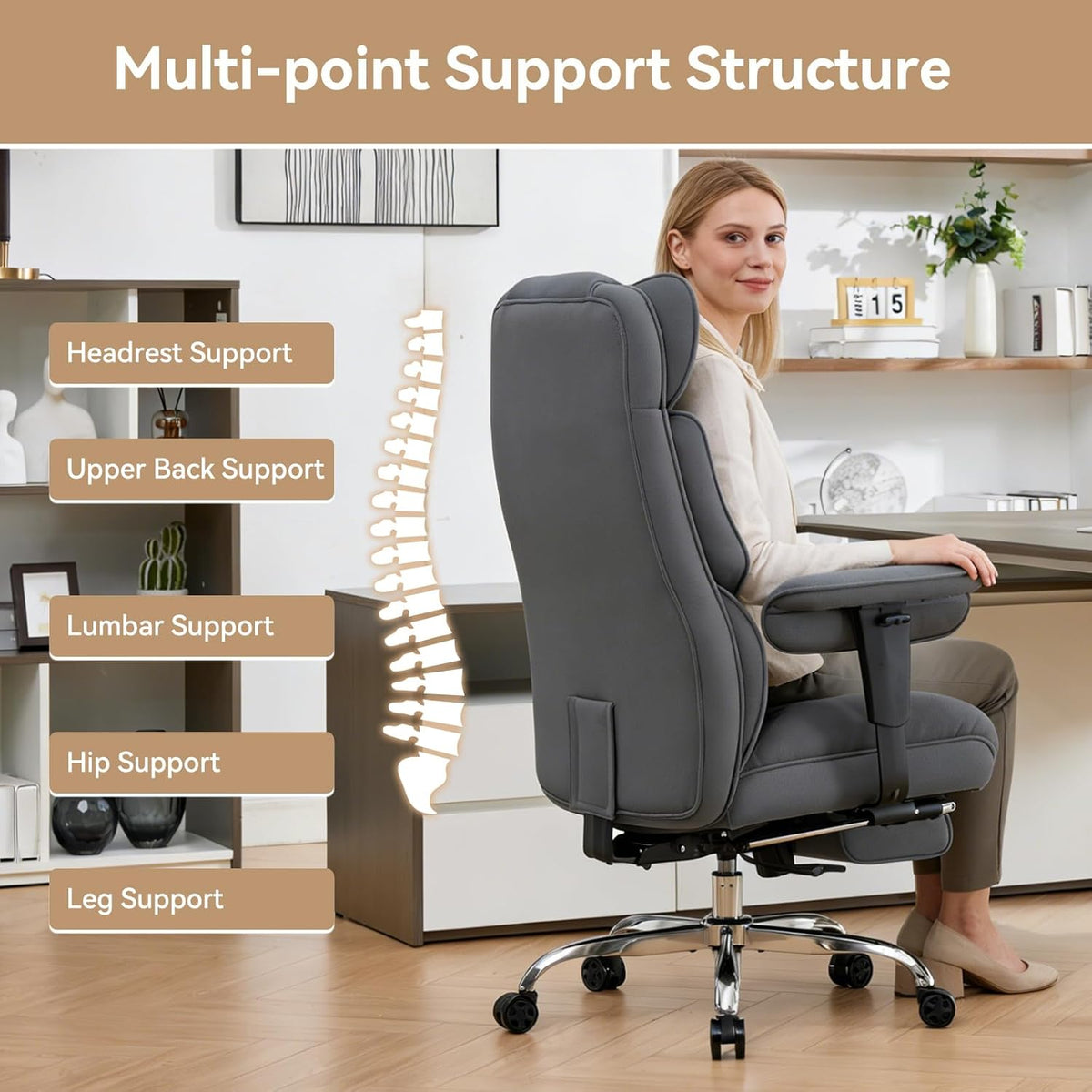 Efomao Executive Office Chair, Bluegrey Fabric Big and Tall Desk Chair