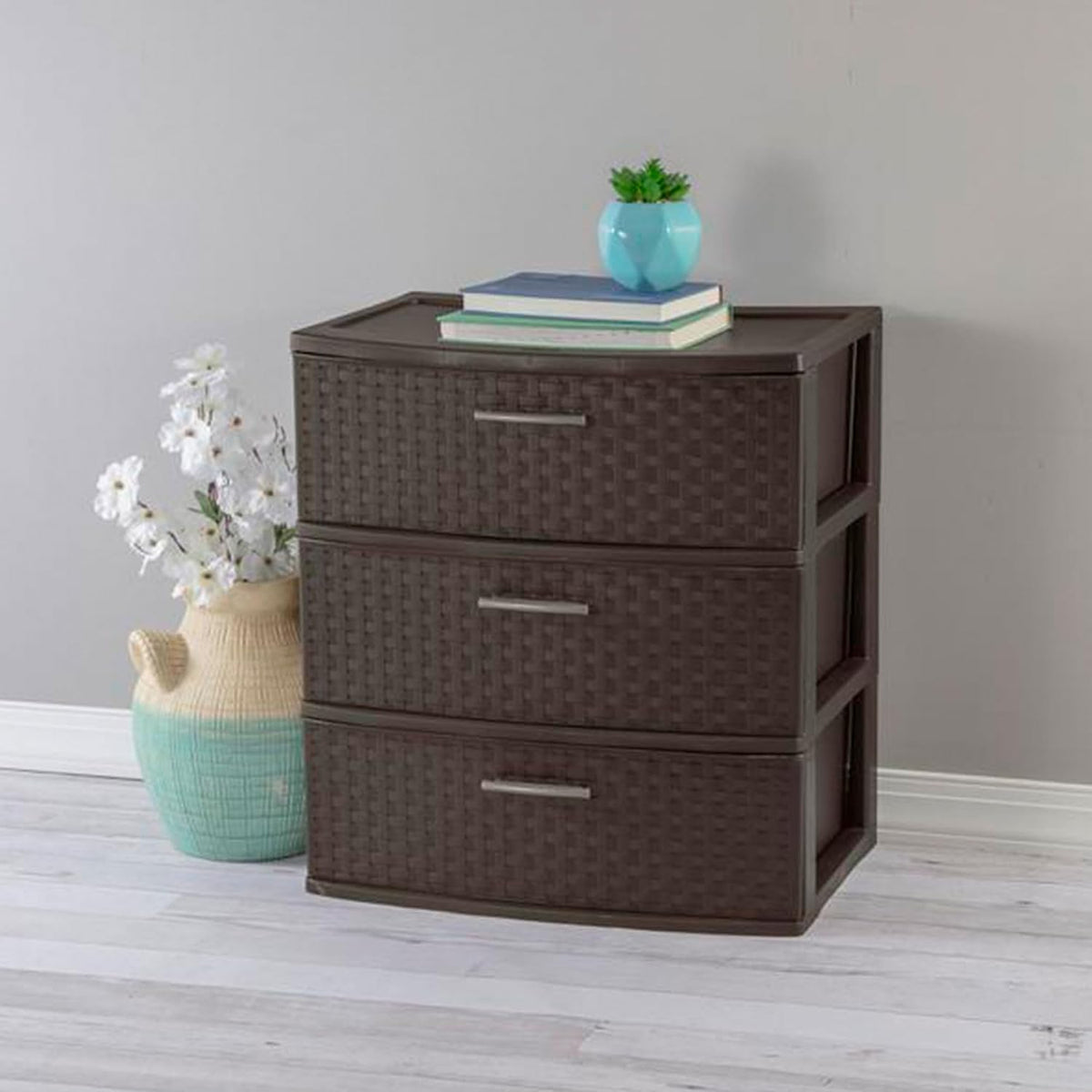 Sterilite Wide 3 Drawer Weave Tower, Home Organizer, Espresso