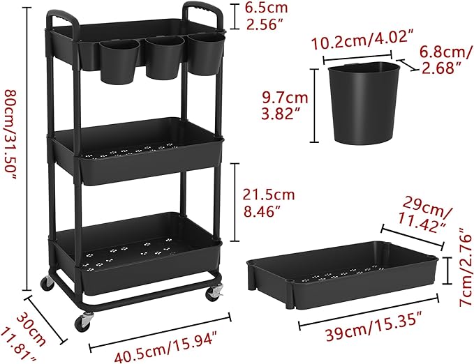 JIUYOTREE 3-Tier Plastic Rolling Storage Cart Utility Cart - Image 2