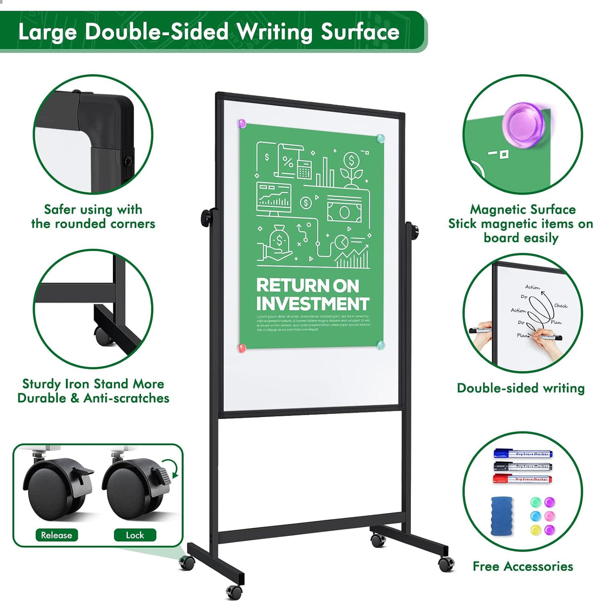 Rolling Whiteboard on Wheels 48" x 32" Aluminum Frame (Black)