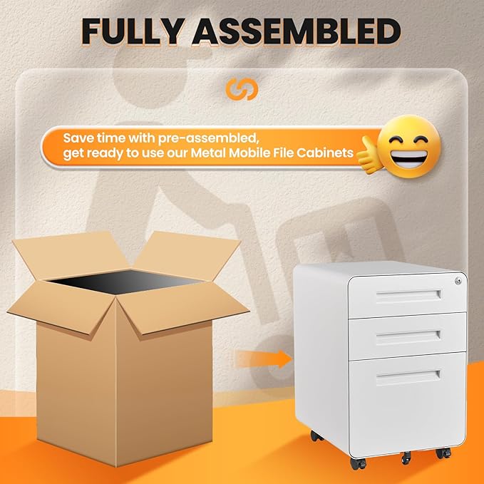 AFAIF 3 Drawer File Cabinet, Fully Assembled Mobile File Cabinets - Image 4