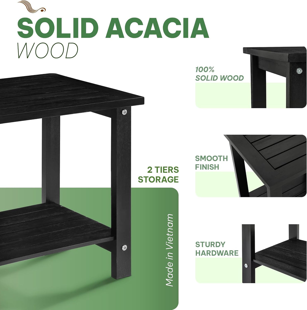 Acacia Wood Adirondack Side Table, 2-Tier Outdoor End Table - Black