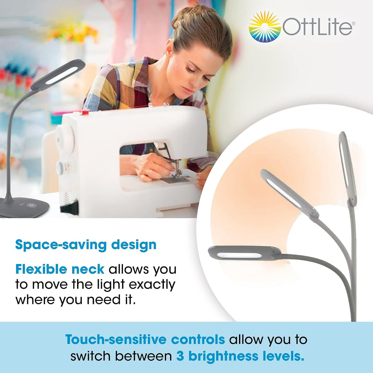 ottlite soft touch led desk lamp, 3 brightness, close-up detail