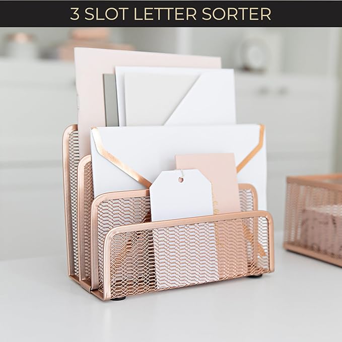 BLU MONACO Rose Gold Metal Mesh Letter Sorter | 3-Slot Vertical Mail Organizer - Image 4