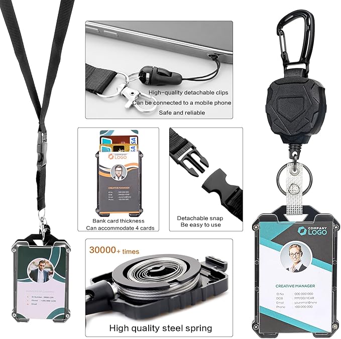 AIDSOTOU Heavy Duty Retractable Keychain Carabiner Badge Reel ID Badge Holder - Image 4