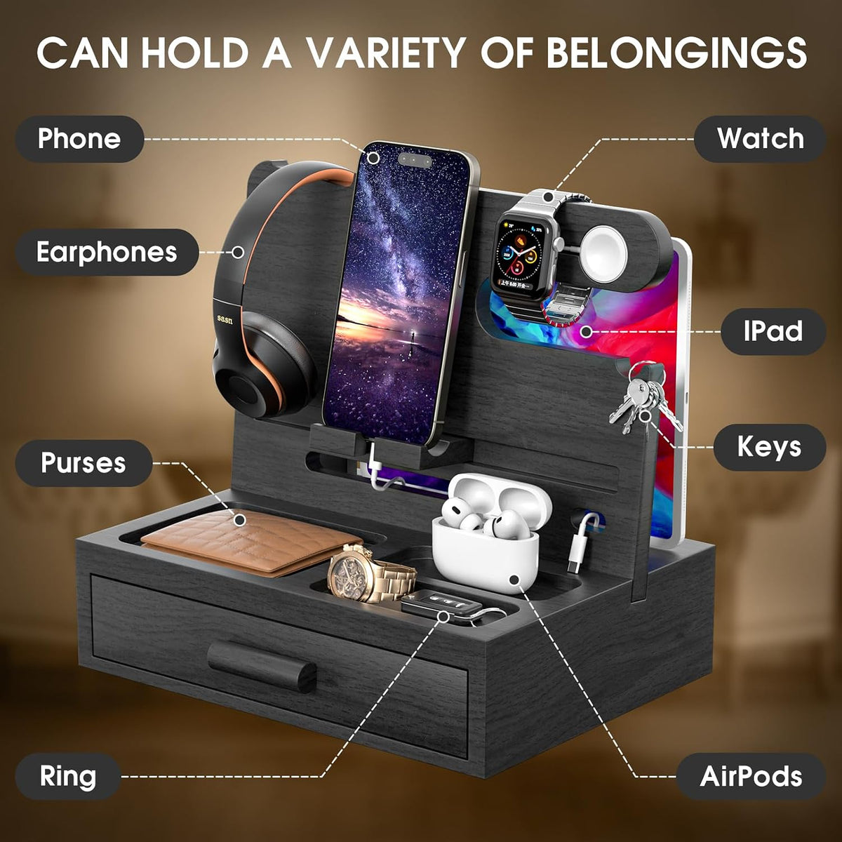 melafa365 Nightstand Organizer for Men,Phone Docking Station with Cable Manag...