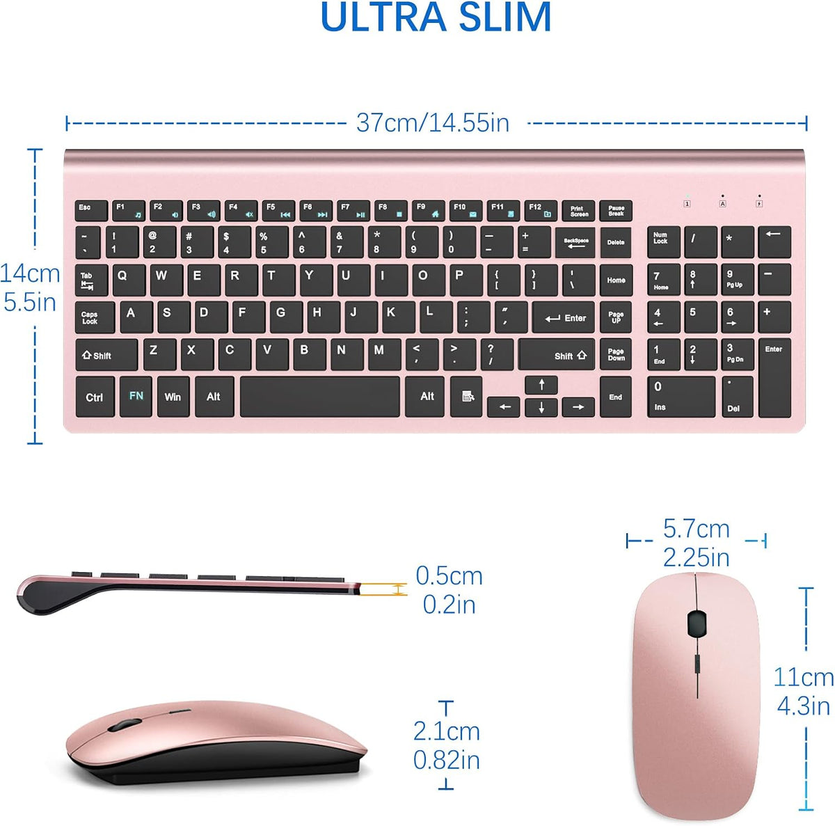 Wireless Keyboard and Mouse Ultra Slim Combo, TopMate - Rose Gold Black