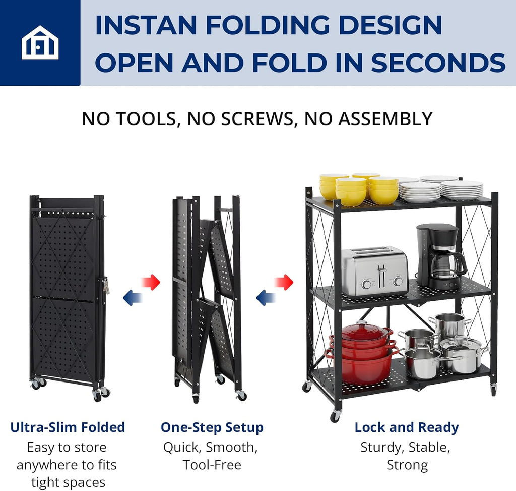 3 tier foldable storage shelves with wheels, metal, side view