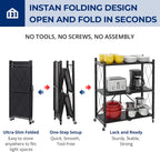 3 tier foldable storage shelves with wheels, metal, side view