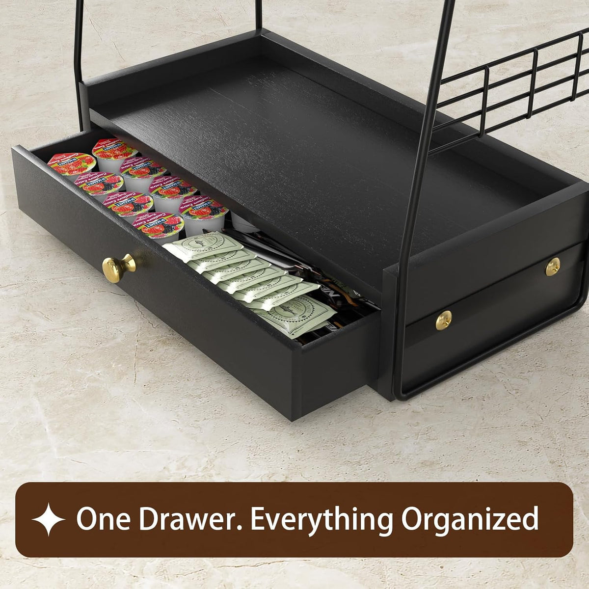 Coffee Bar Station Organizer with Drawer, 2-Tier Countertop Shelf (Black)