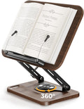 Adjustable Book Stand for Reading, Book Holder with 360° Rotation Base, Height Adjustable Book Reading Stand with Extendable Page Clips — Wooden Stand Holder for Cookbook, Receipe Book, Thick Book