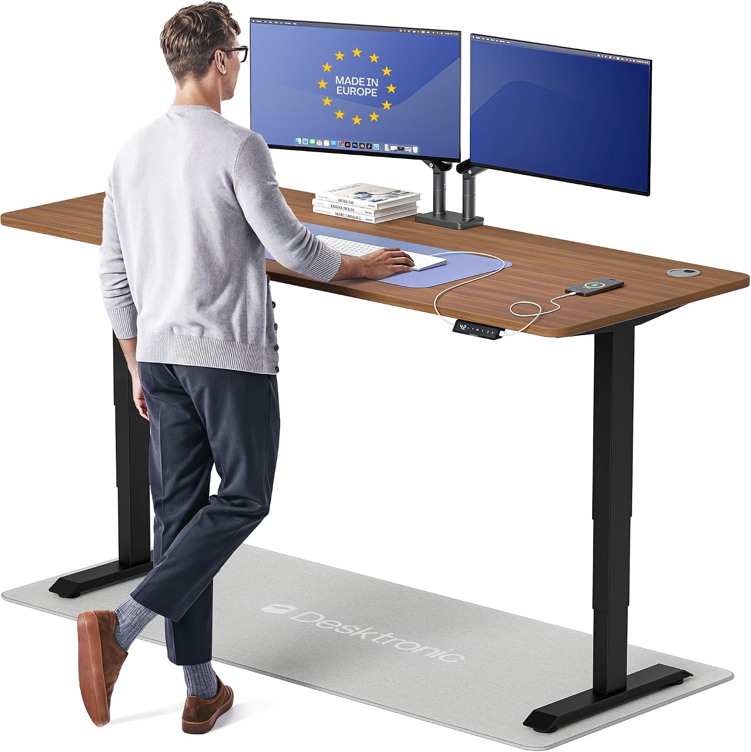 Desktronic HomePro Standing Desk 80x30 — Made in Europe, Ergonomic Sit Stand Home Office Desk, Electric Height Adjustable, Dual Motor, USB & USB-C Charging, Wobble-Free, Touchscreen, 3 Memory Presets