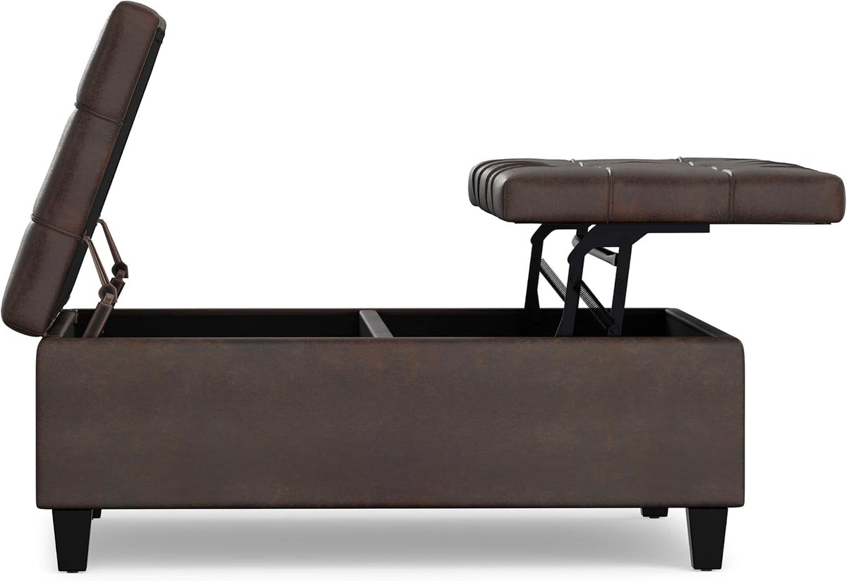 SIMPLIHOME Harrison 40" Wide Vegan Leather Ottoman in Distressed Brown