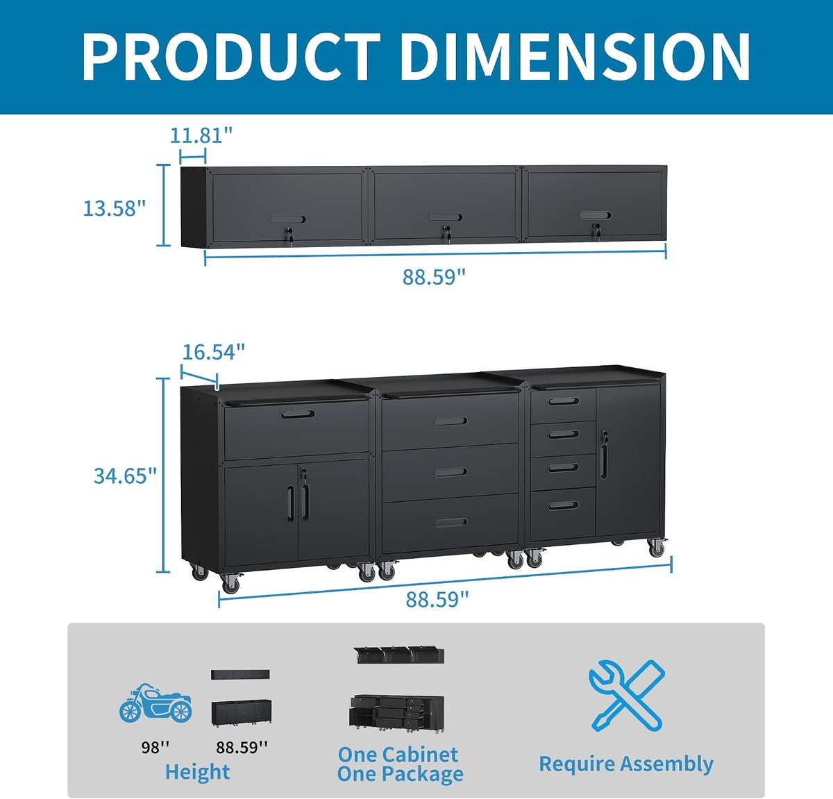 Black Garage Storage Cabinets System 6 PCS Workshop Set with Drawers Locking ...