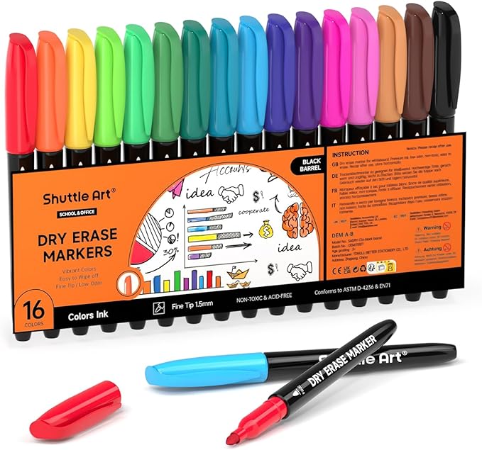 Shuttle Art Dry Erase Markers, 16 Colors Whiteboard Markers, Fine Tip Dry Erase by ShuttleArt
