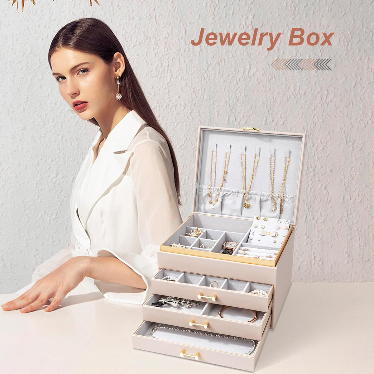 Large Jewelry Box, 4-Layer Leather Organizer, Apricot