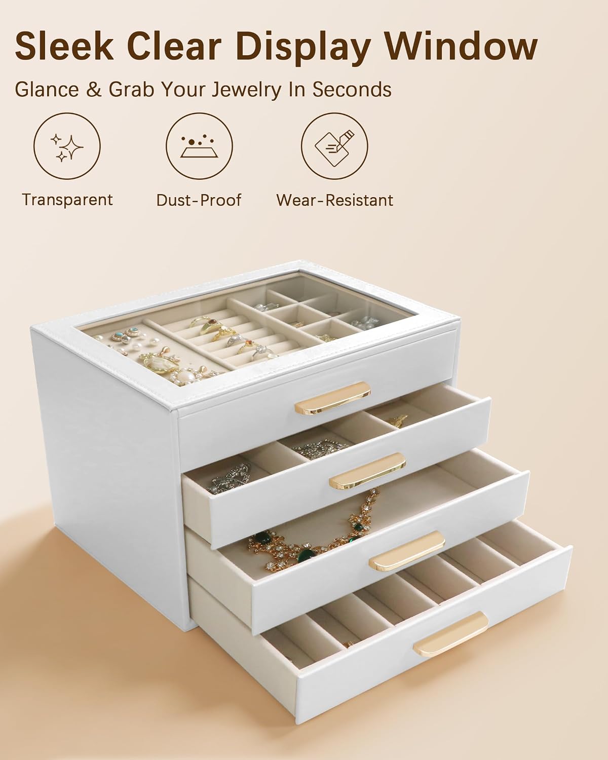 Homeanda Jewelry Boxes Organizer with Glass Lid, 4-Layer PU Leather, White