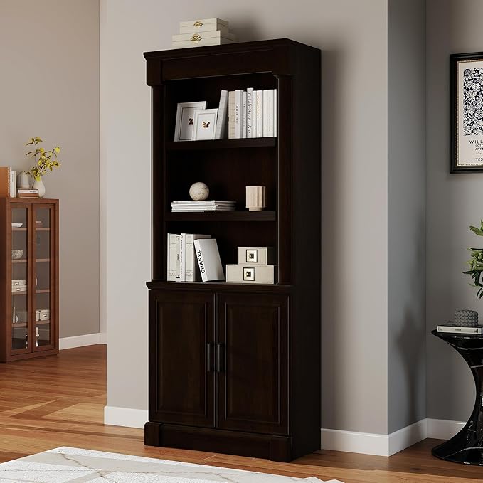 72" Roman Column Bookcase with Double Door Cabinet, 5 Tiers Tall Bookshelf by Bevfint