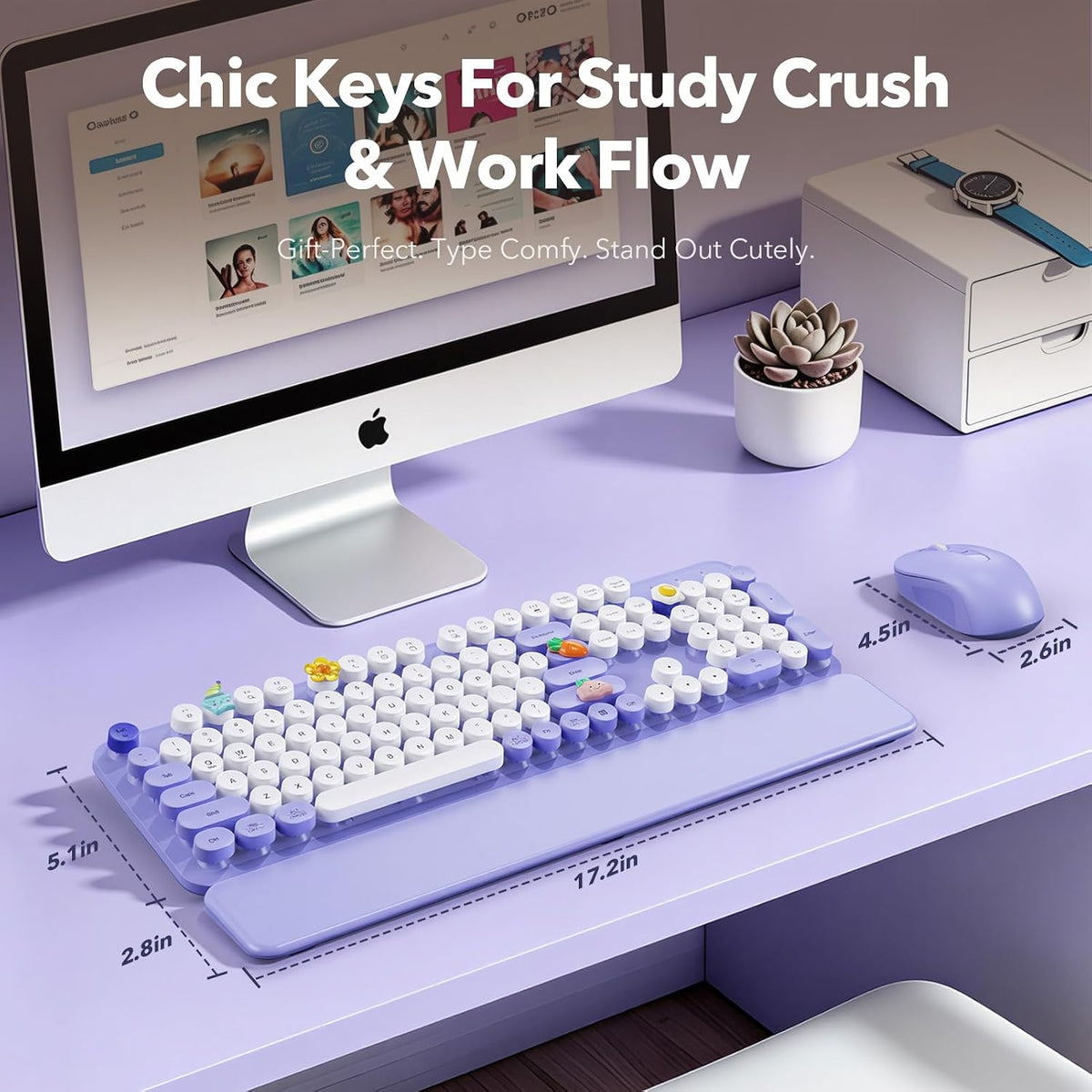 Wireless Keyboard and Mouse, Round Keycaps, Magnetic Wrist Rest, Purple