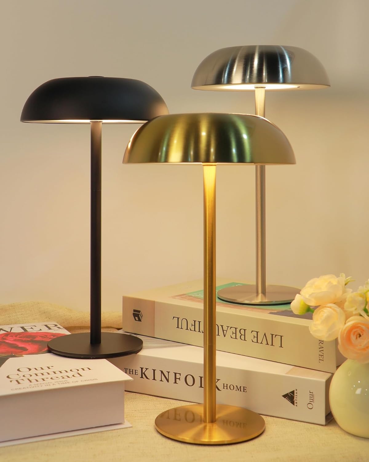 Cordless 11" Mushroom Table Lamp with Dimmable 3 Color, 5200mAh, Gold